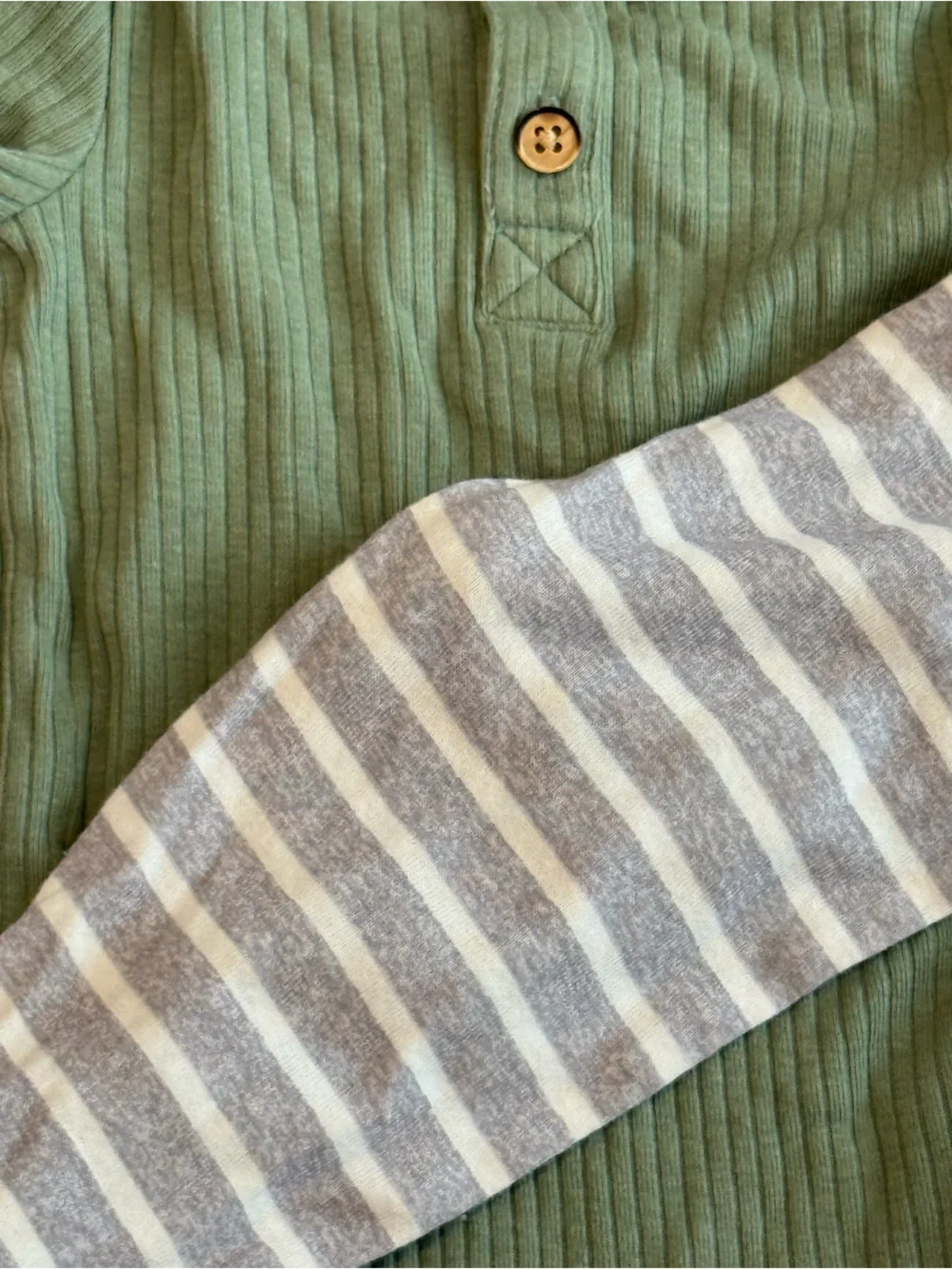 Olive Green Ribbed One-Piece Bodysuit with Gray Stripe Leggings